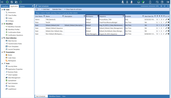 Dark blue highlighted box over the Workspace and Sequence name in Grid View. 